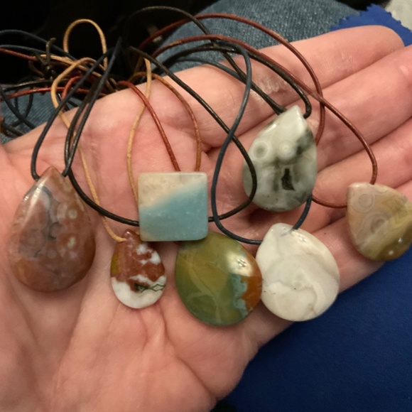 SALE! All SEVEN Orbicular Ocean Jasper Pendants on Leather Thongs - Picture 2 of 2